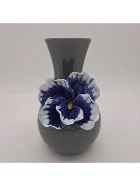 Anthropology Ceramic Vase With Blue & White Flower Accent 8"